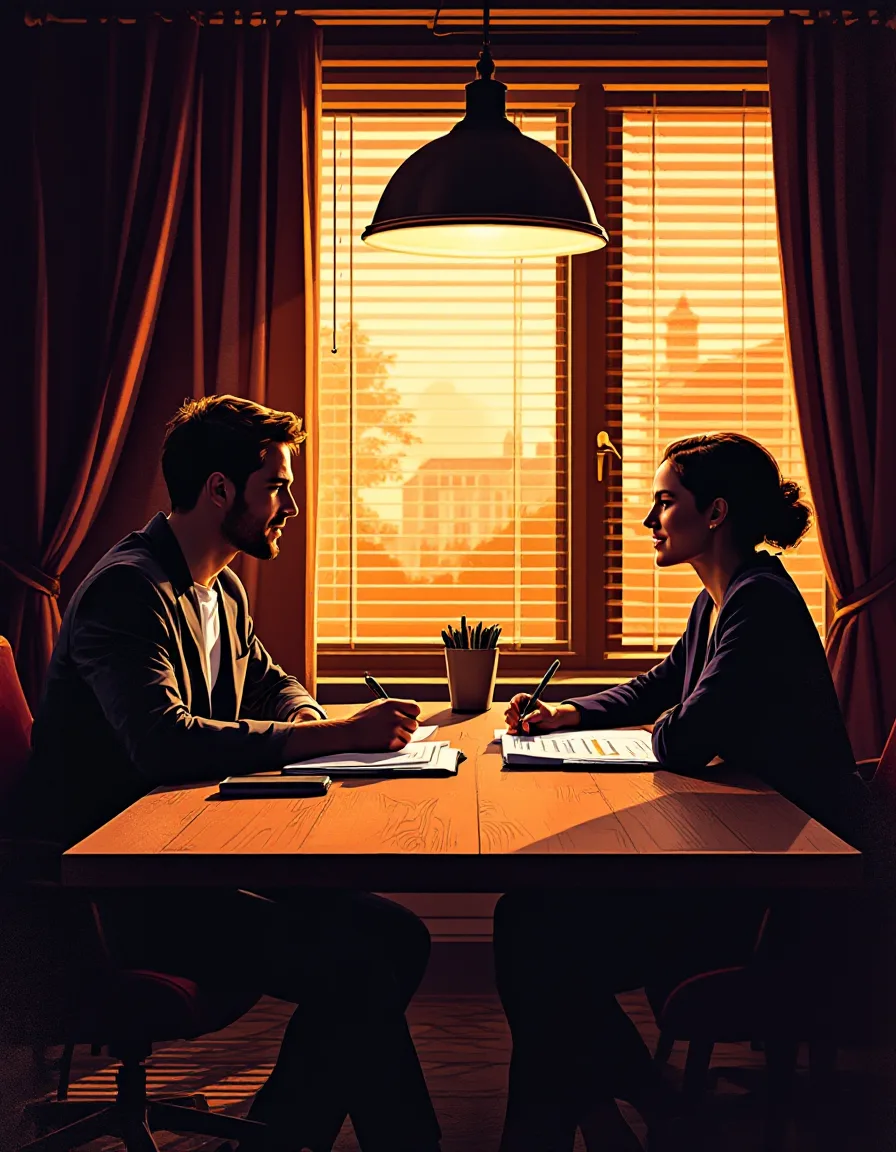 An intake meeting at a wooden boardroom table with an open notebook and a printed candidate scorecard, warm light through the blinds