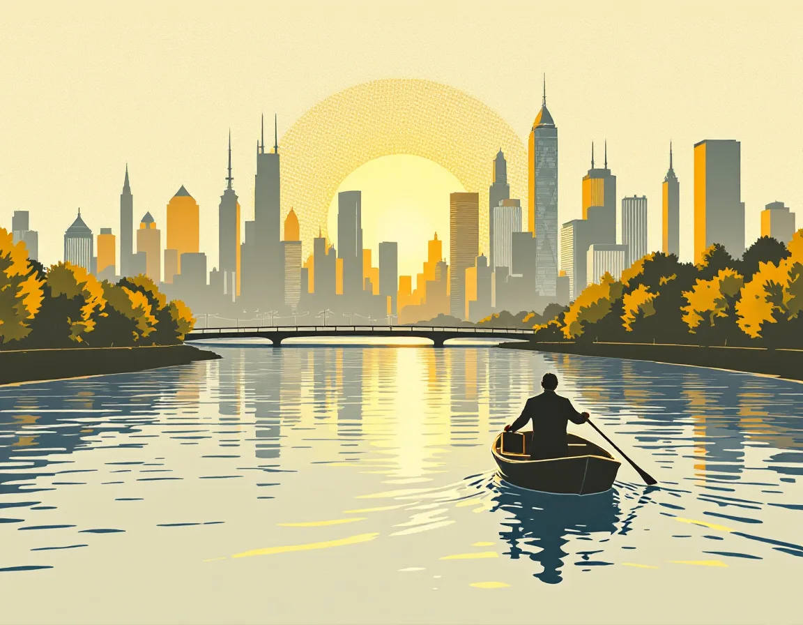 Screenprint illustration of a ferryman carrying a briefcase across a river toward a city skyline